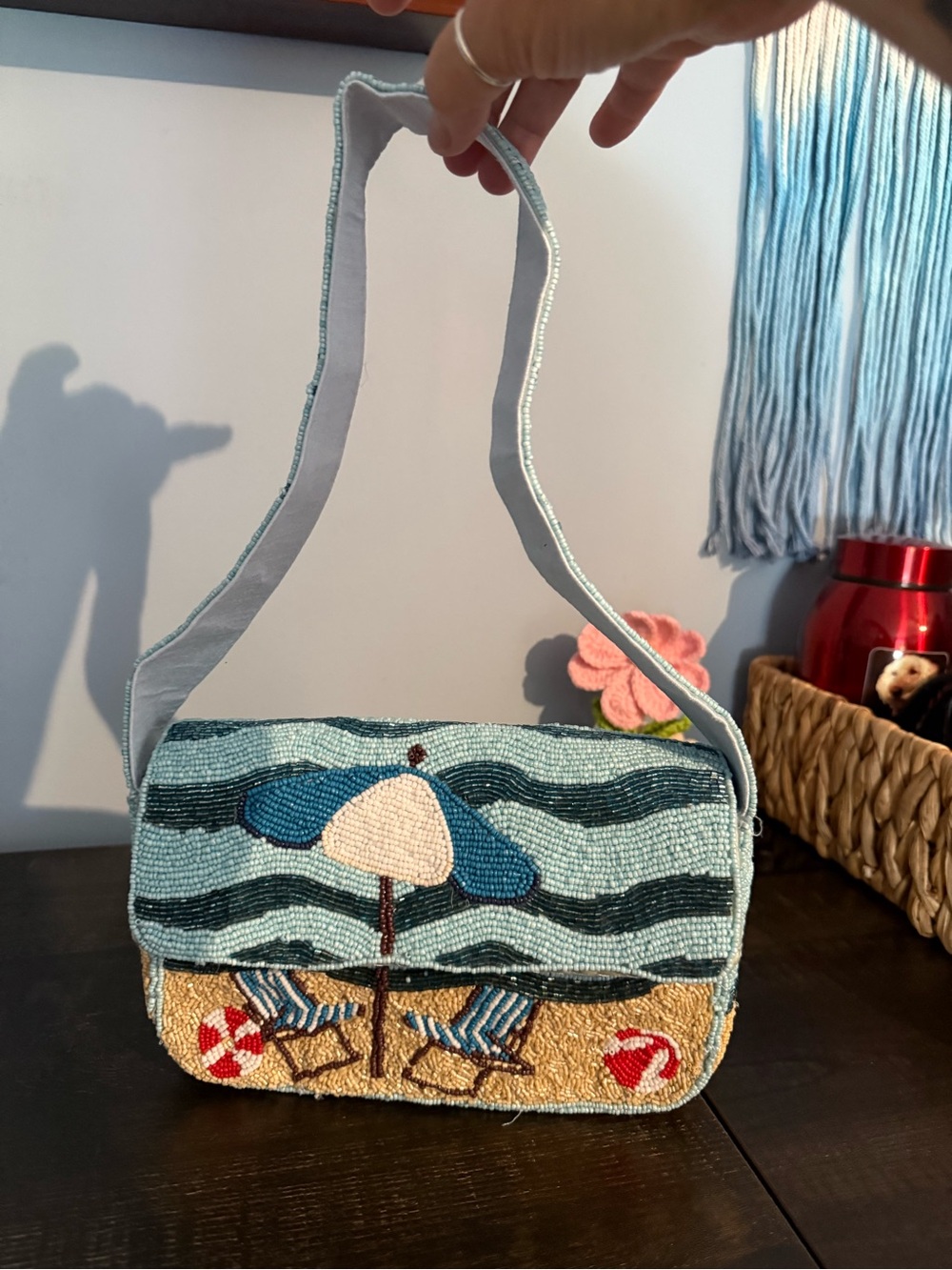 Beaded Seaside Umbrella Shoulder Bag - Light Blue